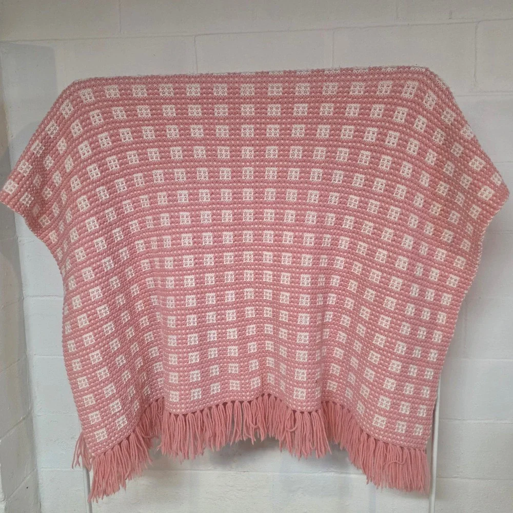 Vintage Pink White Crochet Windowpane Blanket Afghan with Fringe 50x80